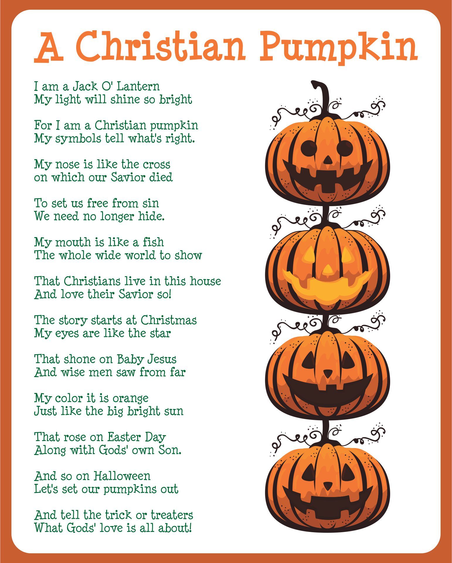 Christian pumpkin poem printable christian halloween christian halloween crafts childrens church lessons