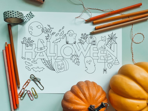 Halloween coloring page print at home color sheet with bats ghost pumpkins leaves moon cat spooky cute designs