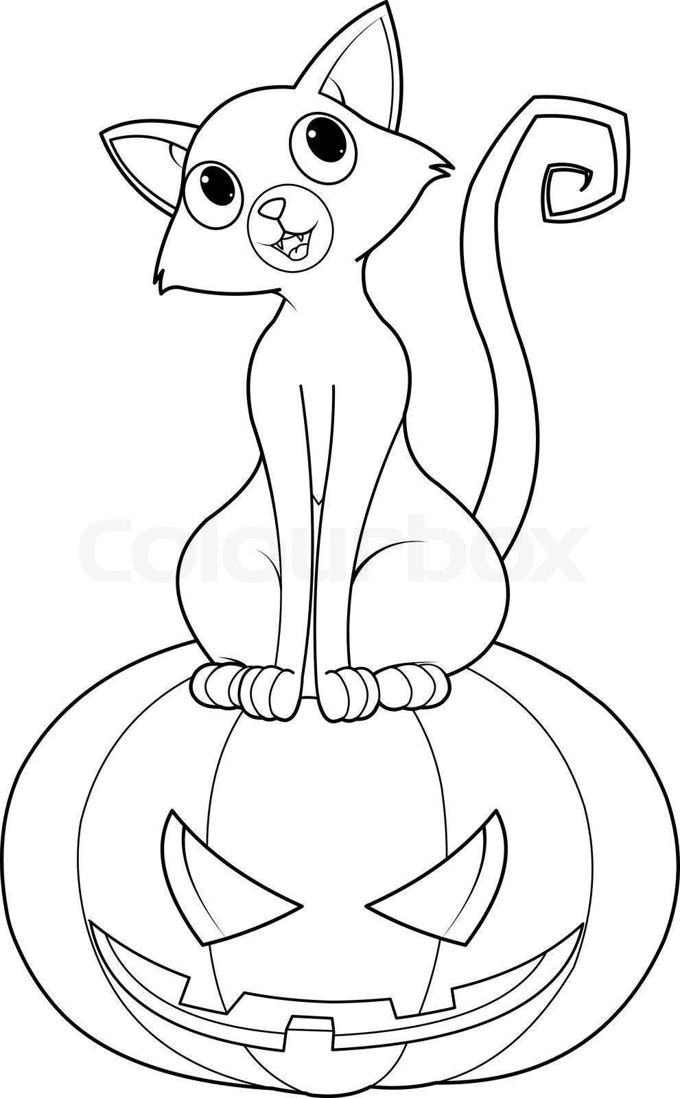 Halloween cat on pumpkin coloring page stock vector