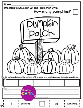 No prep fall pumpkin kindergarten math worksheets color count and write