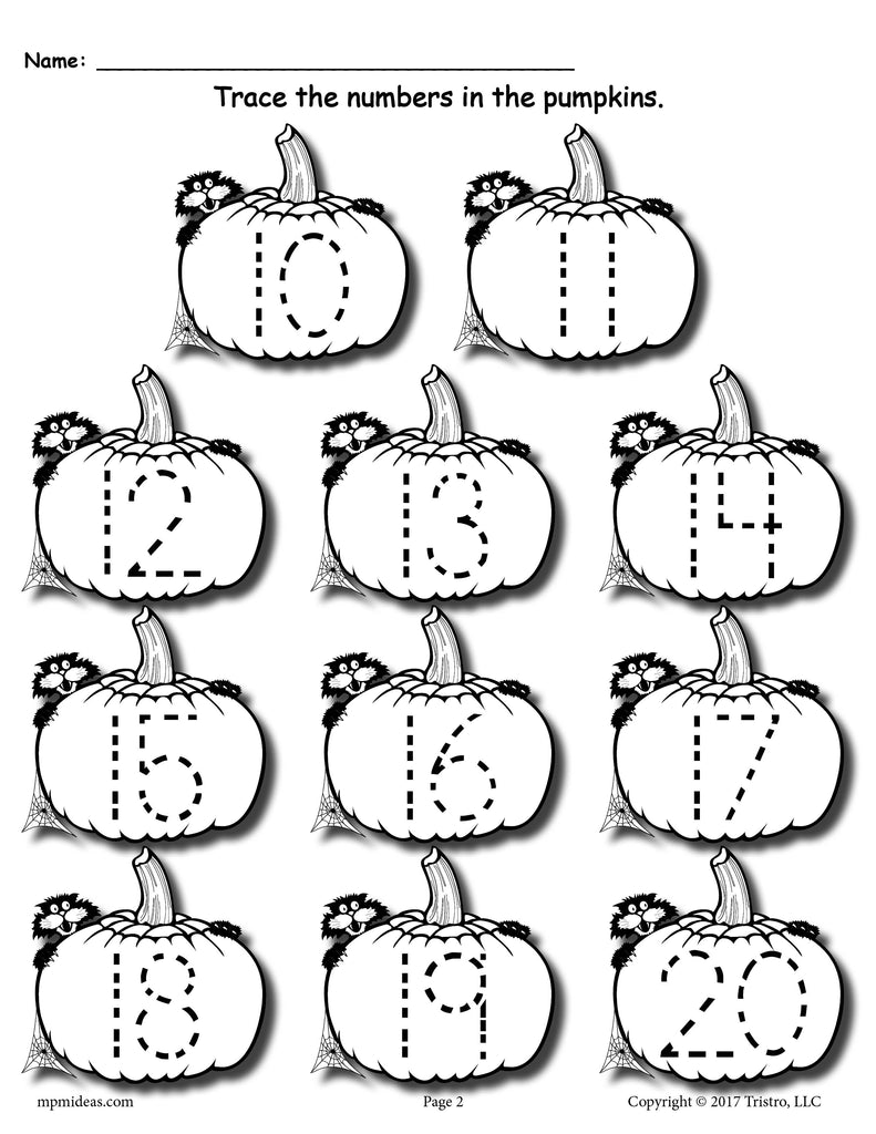 Printable pumpkin number tracing worksheets