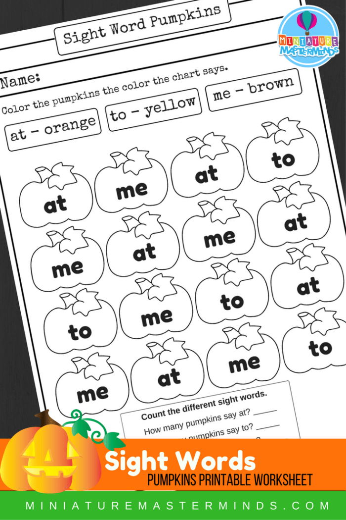 Sight words me at and to color the pumpkin printable worksheet â miniature masterminds