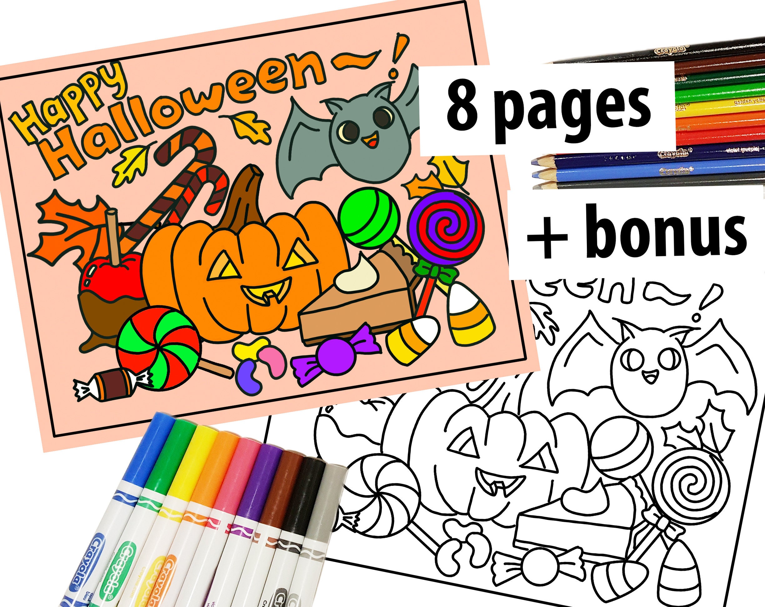 Halloween coloring pages for kids halloween party activity halloween pumpkin with candies and bat digital download