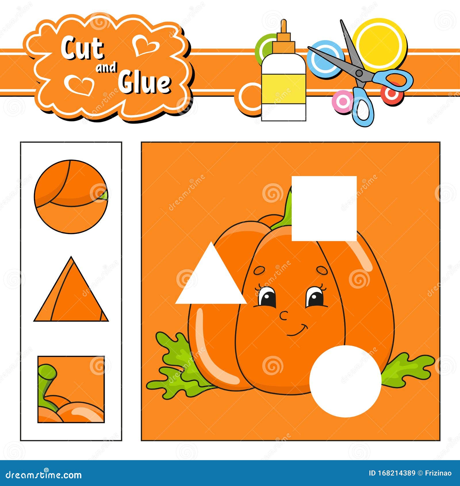 Cut and glue game for kids education developing worksheet cartoon pumpkin character color activity page hand drawn stock vector