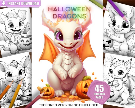 Baby halloween dragon fantasy coloring page book adults kids grayscale coloring pagedigital download printable pdf pumpkin candle instant download