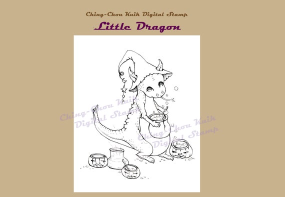 Little dragon coloring page printable instant download digital stampfantasy witch halloween pumpkin art by ching
