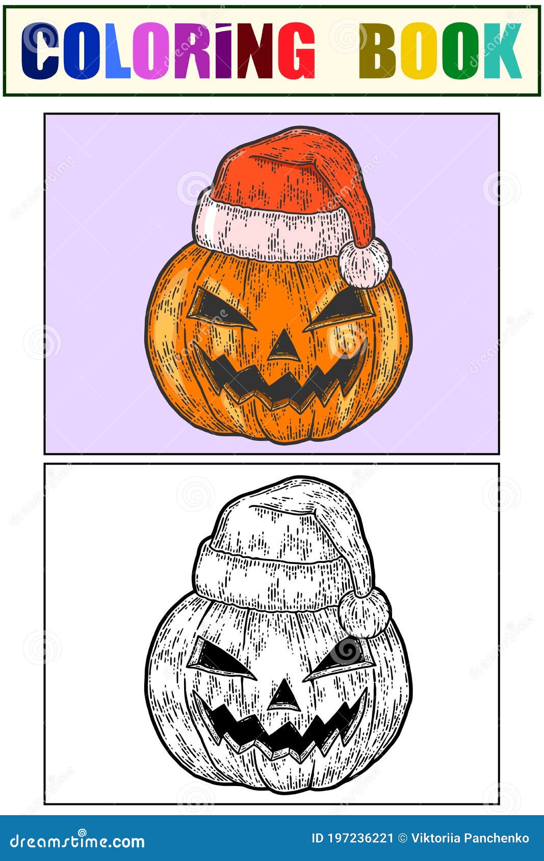 Halloween pumpkin face in santa claus hat sketch set of coloring book and color for example stock vector