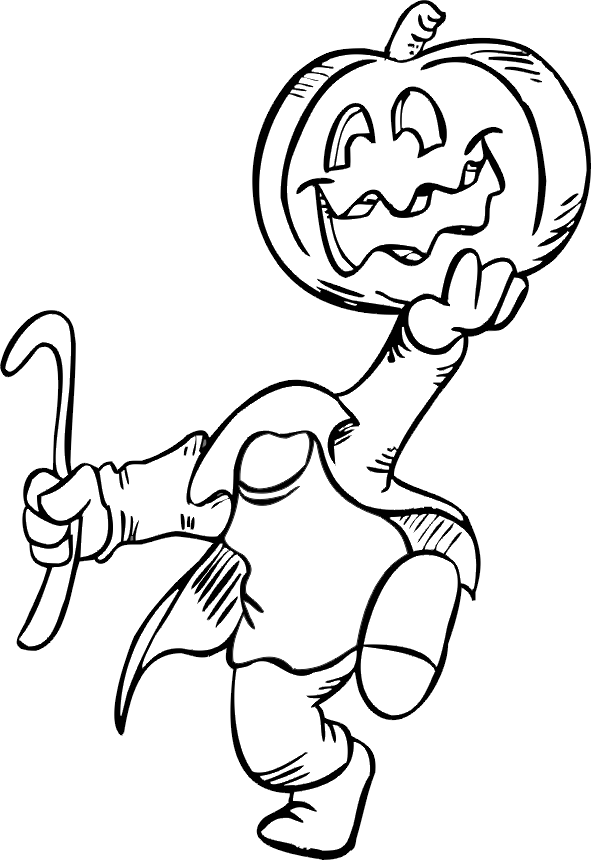 Halloween coloring page headless person holding pumpkin