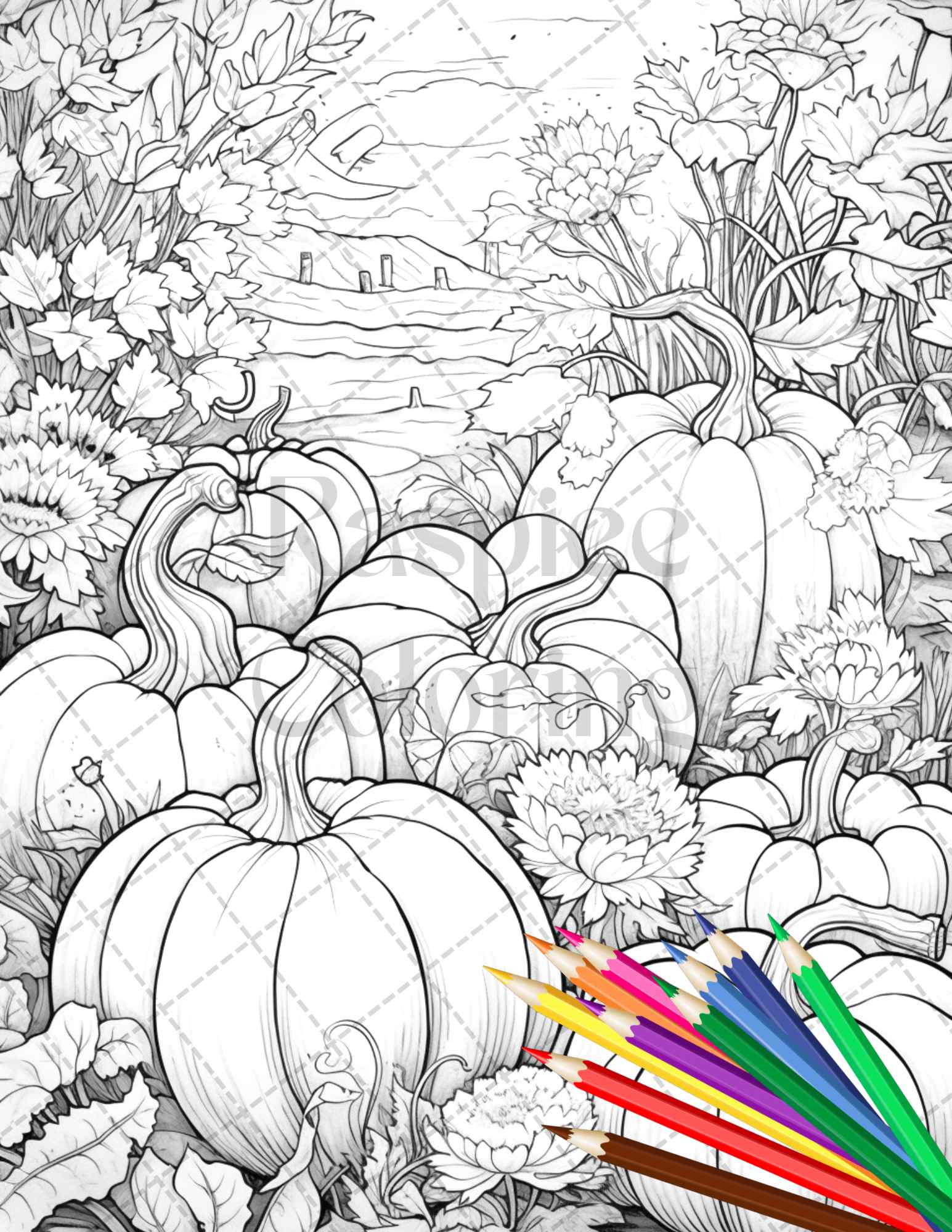 Pumpkin garden scenery grayscale coloring pages printable for adults â coloring