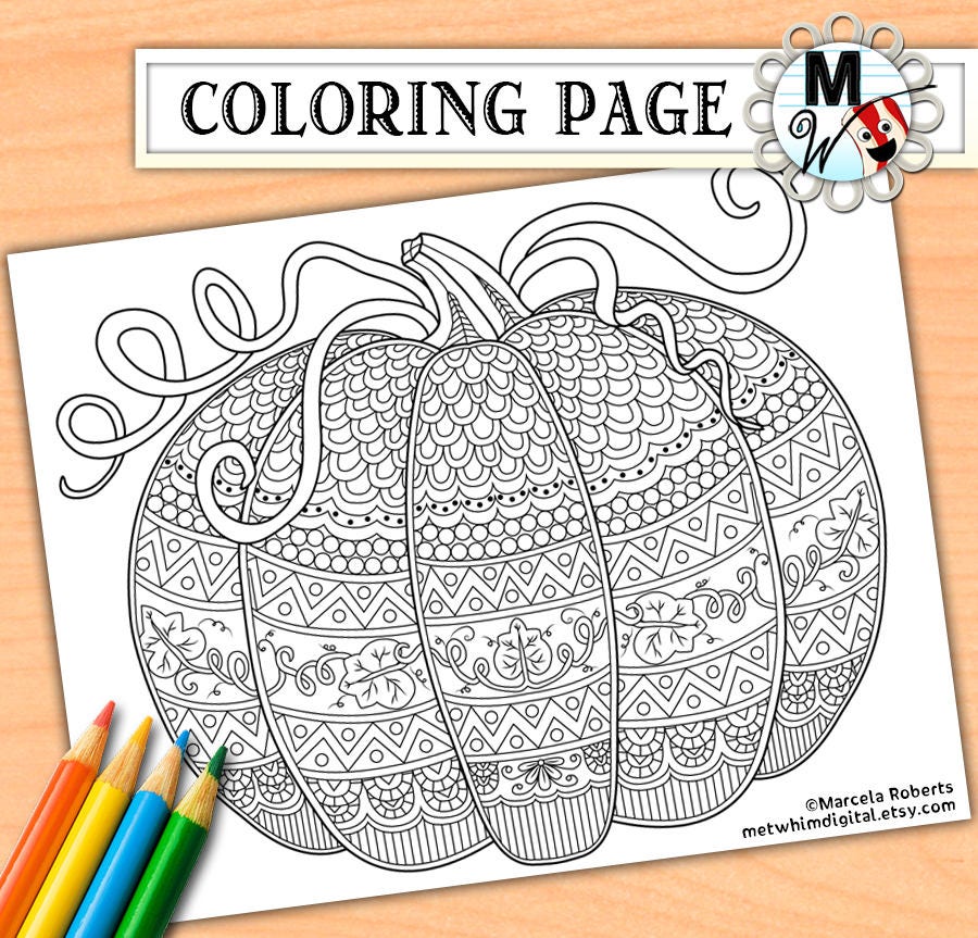 Pumpkin coloring page for adults fall adult coloring page halloween instant digital download of autumn printable coloring page