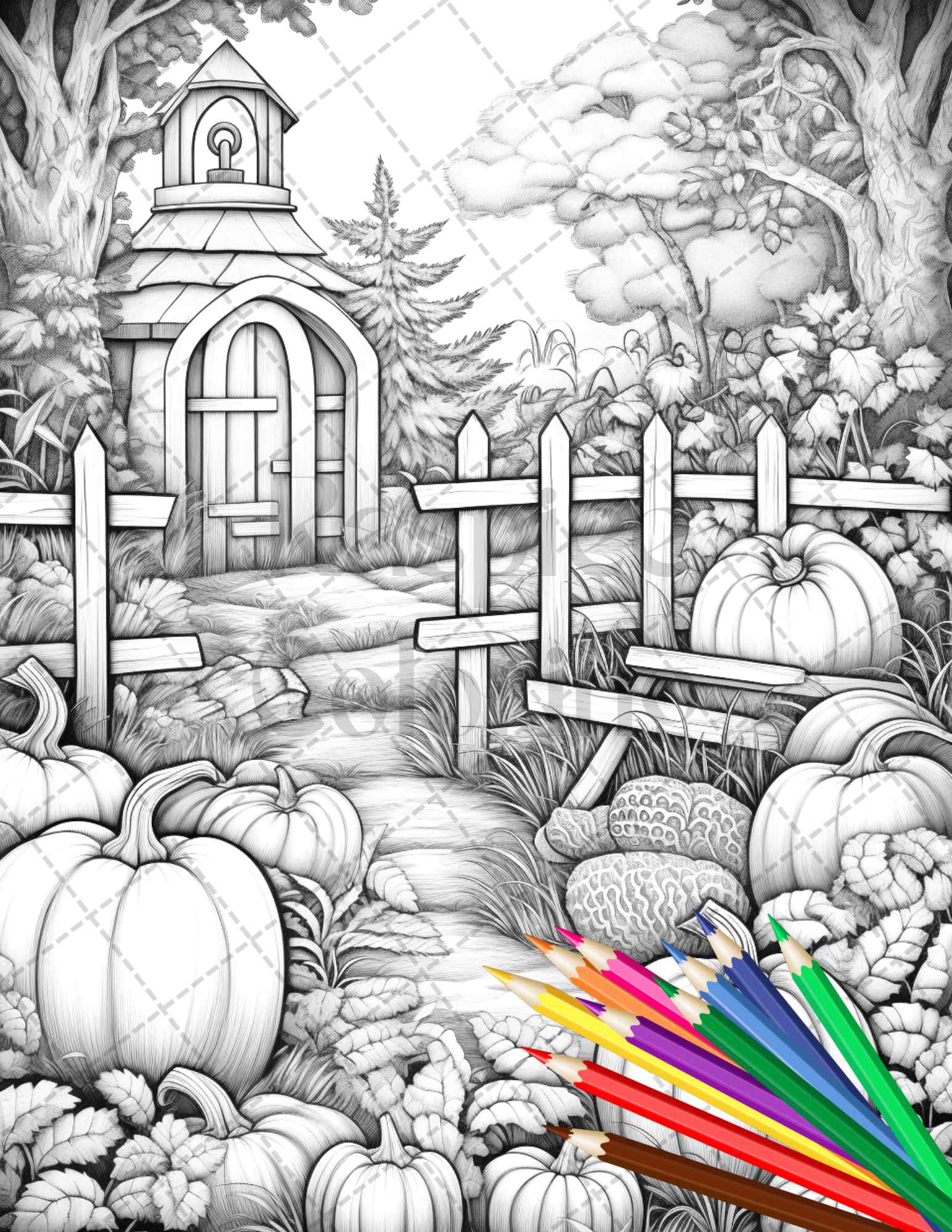 Pumpkin garden scenery grayscale coloring pages printable for adults â coloring