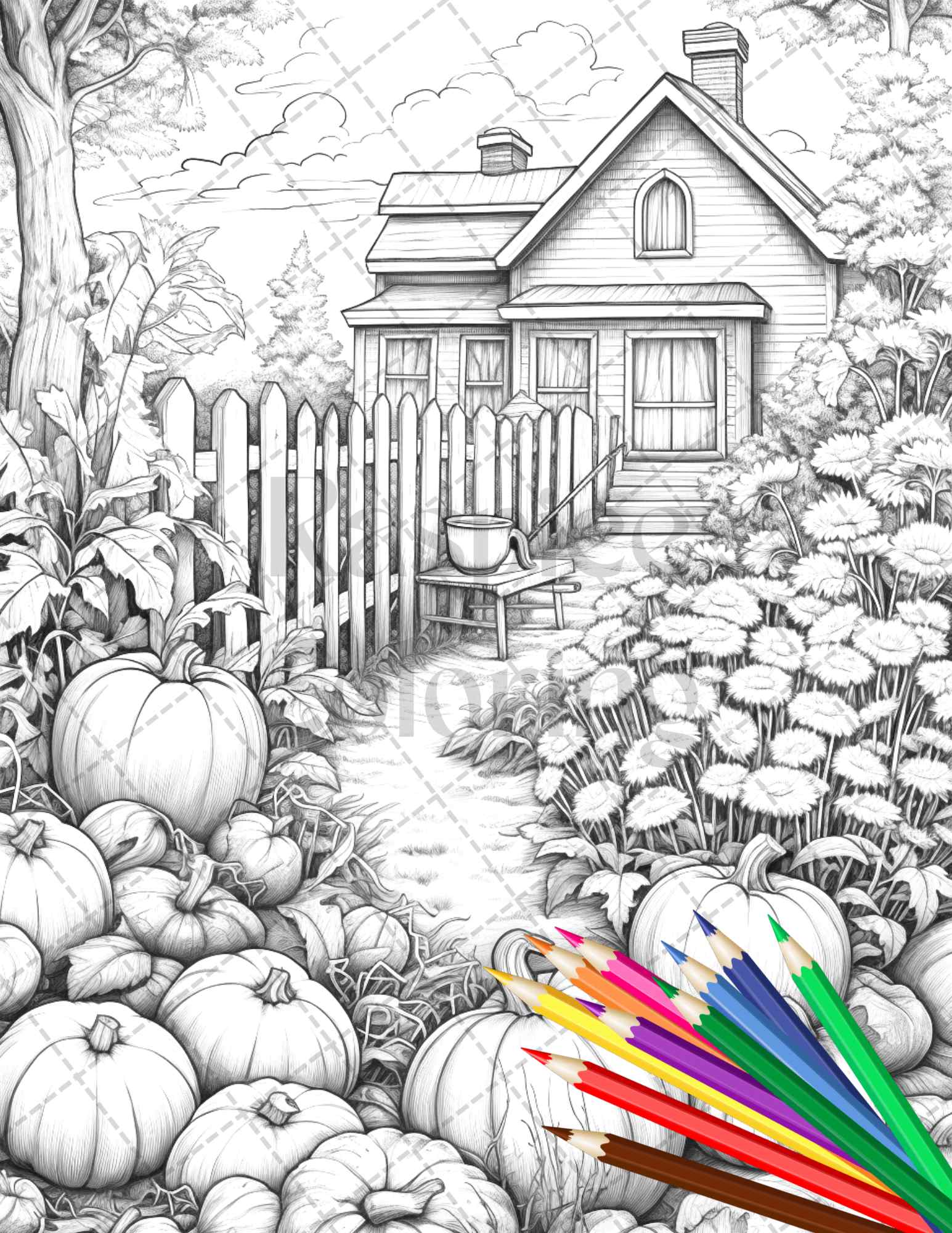 Pumpkin garden scenery grayscale coloring pages printable for adults â coloring