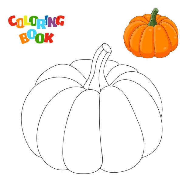 Coloring book page for preschool children with outlines of a pumpkin and a colorful copy of it vector illustration for kids education stock illustration