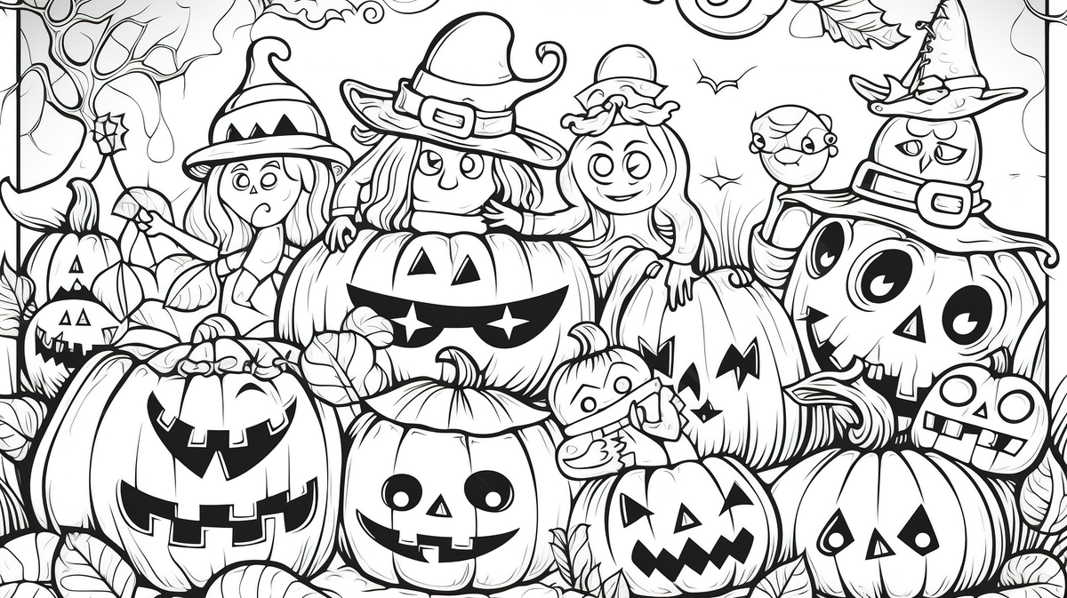 Coloring page with pumpkins and fun characters background halloween picture coloring pages halloween powerpoint halloween background background image and wallpaper for free download