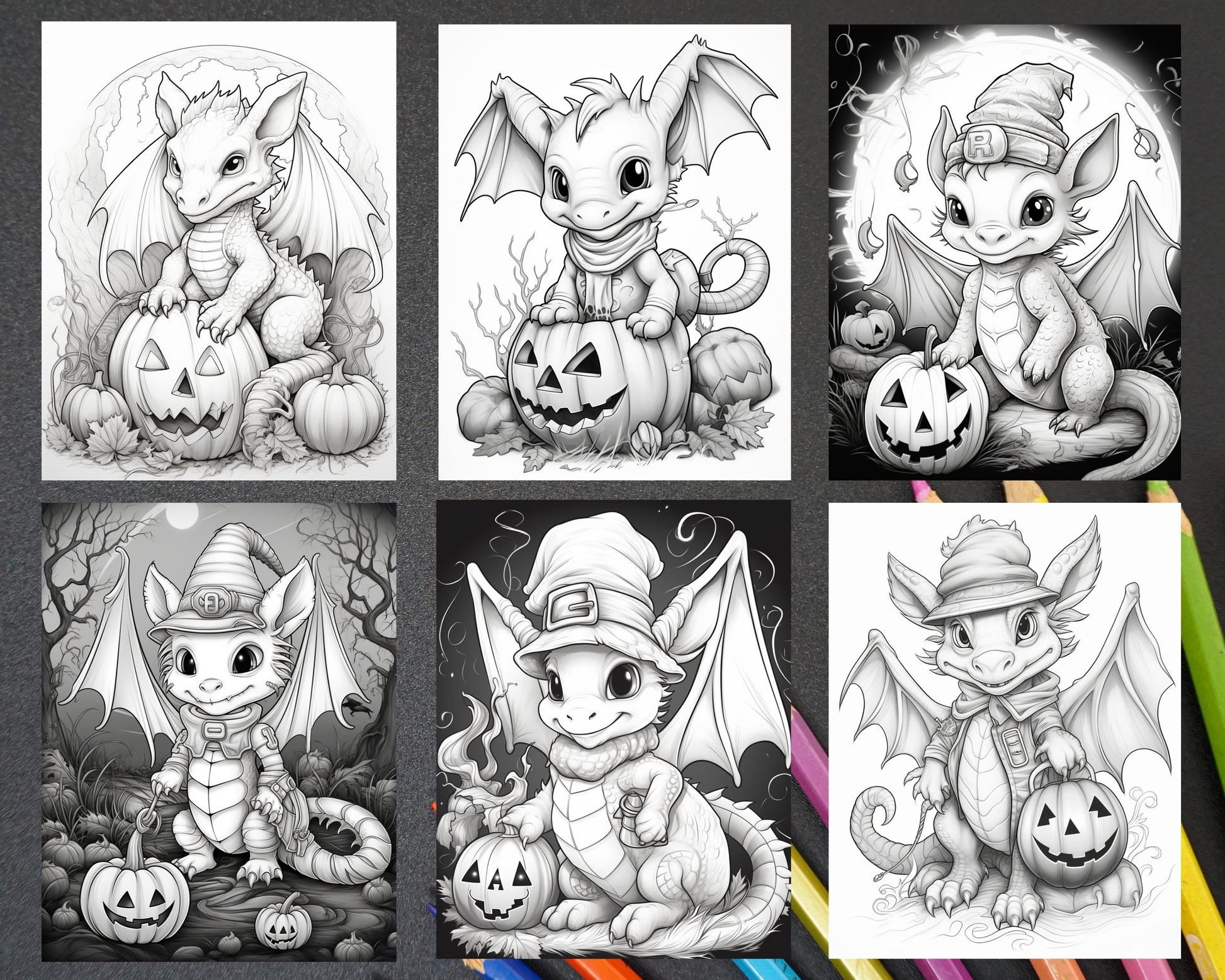 Cute pumpkin dragons graycale coloring pages for adults and kids p â coloring