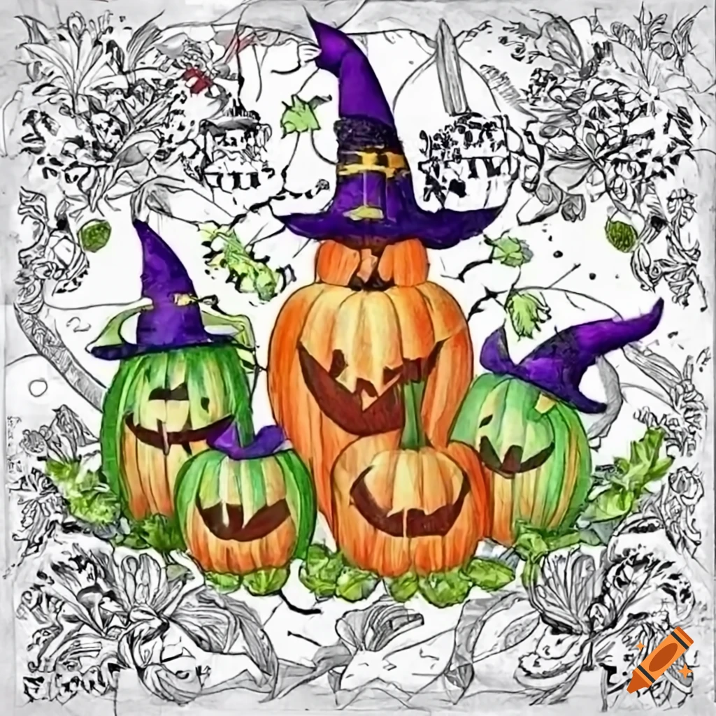 Cute halloween coloring page with witches and pumpkins on