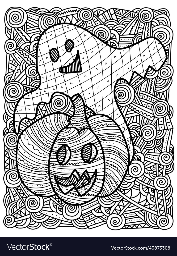 Halloween coloring page with ghost pumpkin vector image