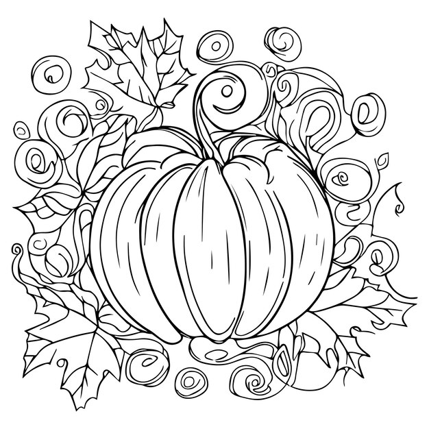 Premium vector nice ripe pumpkin and leaves coloring book page isolated on a white background