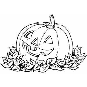 Smiling pumpkin in leaves coloring sheet