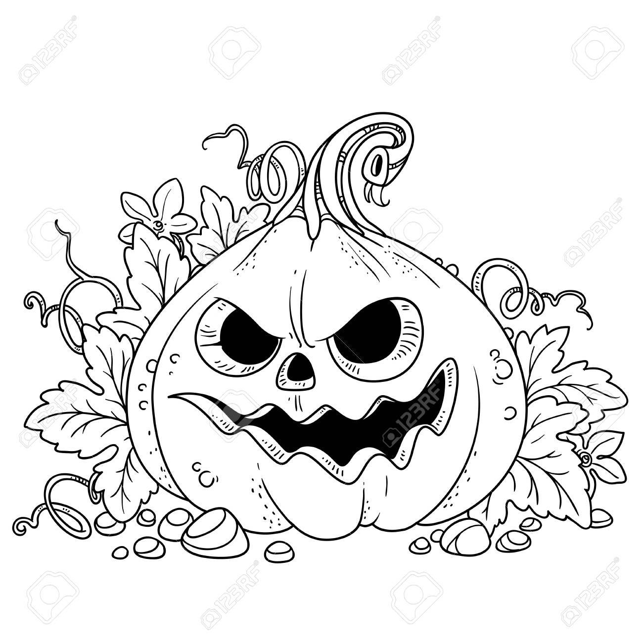 Lantern from pumpkin with the cut out of a grin and leaves outlined for coloring page royalty free svg cliparts vectors and stock illustration image