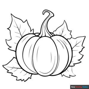 Pumpkin with large leaves coloring page easy drawing guides