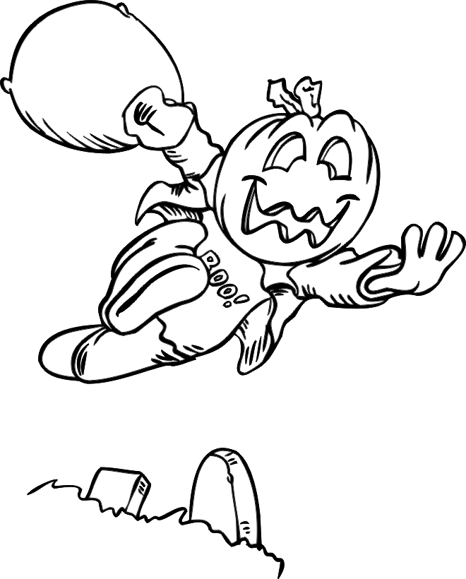 Halloween coloring page kid in pumpkin head costume