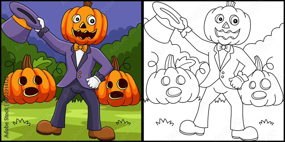 Pumpkin head man coloring page illustration vector