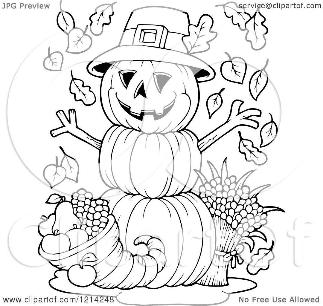 Clipart of an outlined thanksgiving pumpkin man with a cornucopia