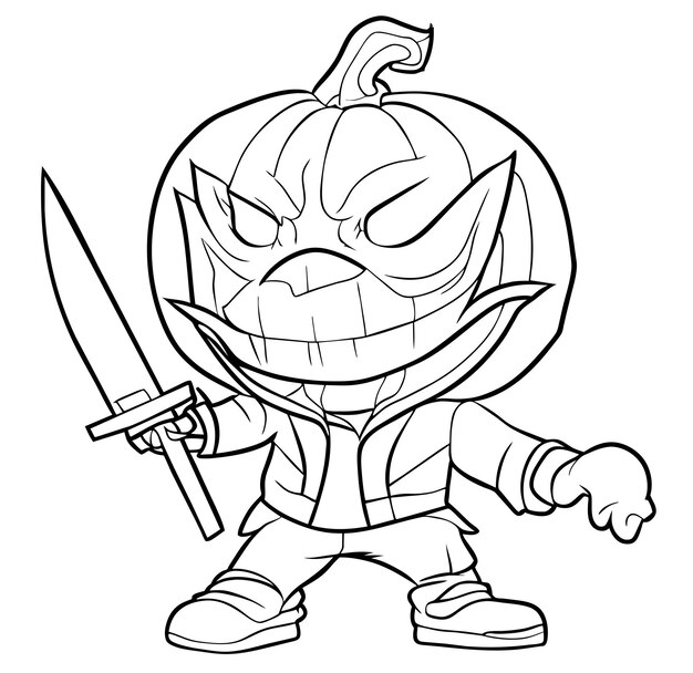 Premium vector scary pumpkin with knife coloring page