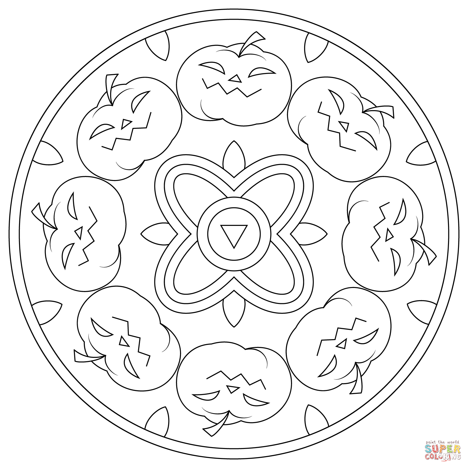 Halloween mandala with pumpkins coloring page free printable coloring pages