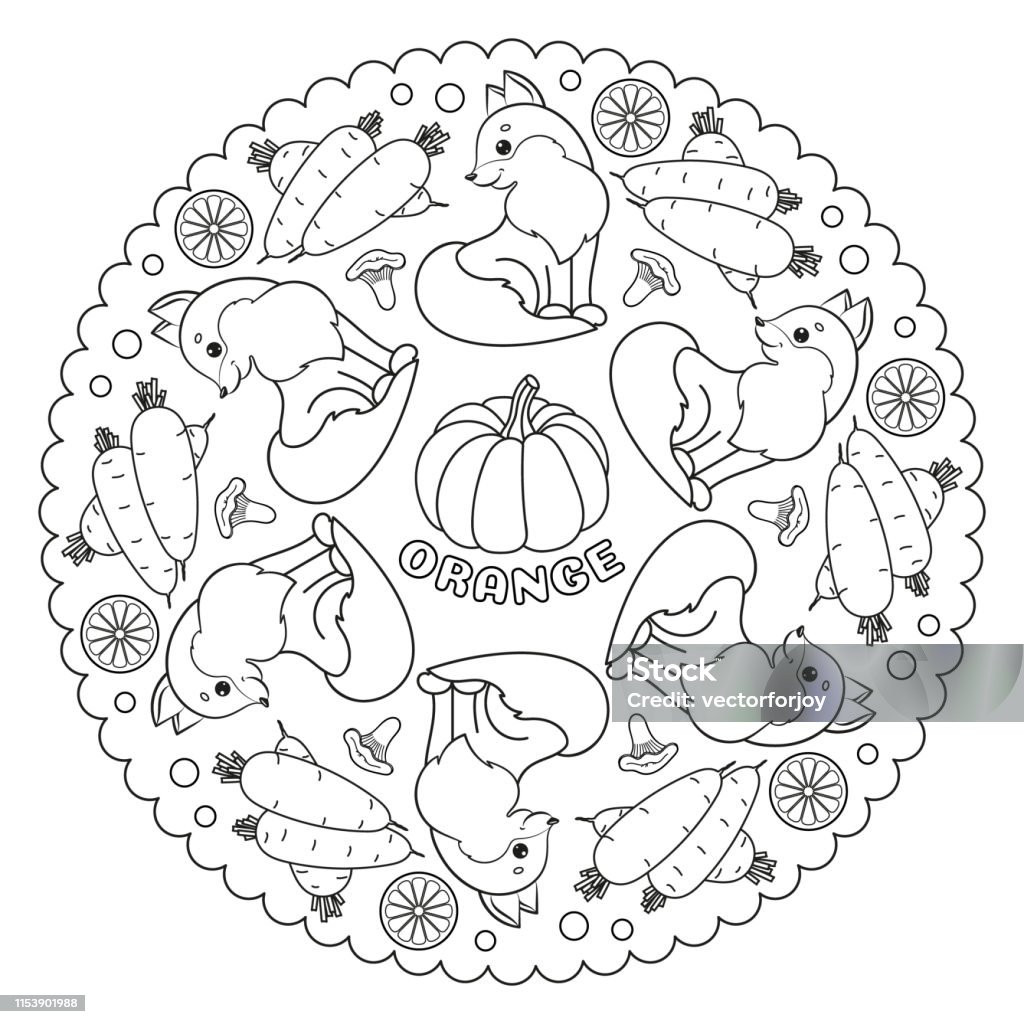 Coloring page mandala for kids with orange pumpkin fox carrots and chanterelle mushrooms vector illustration stock illustration