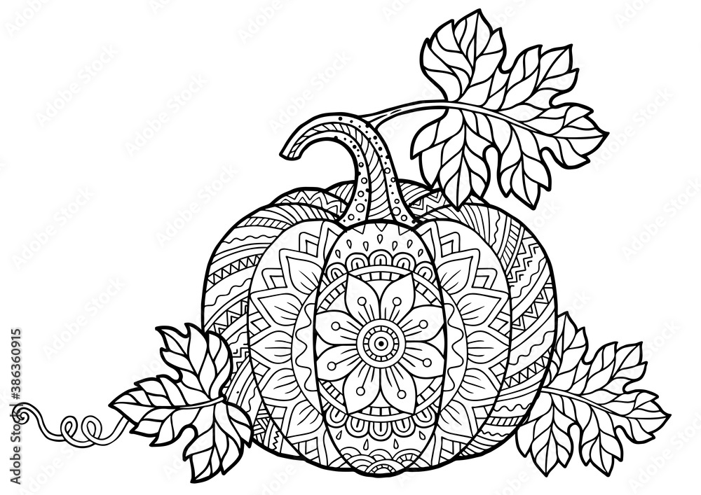 Vector coloring book for adults pumpkin in mandala style with detailed patterns for halloween and thanksgiving day vector