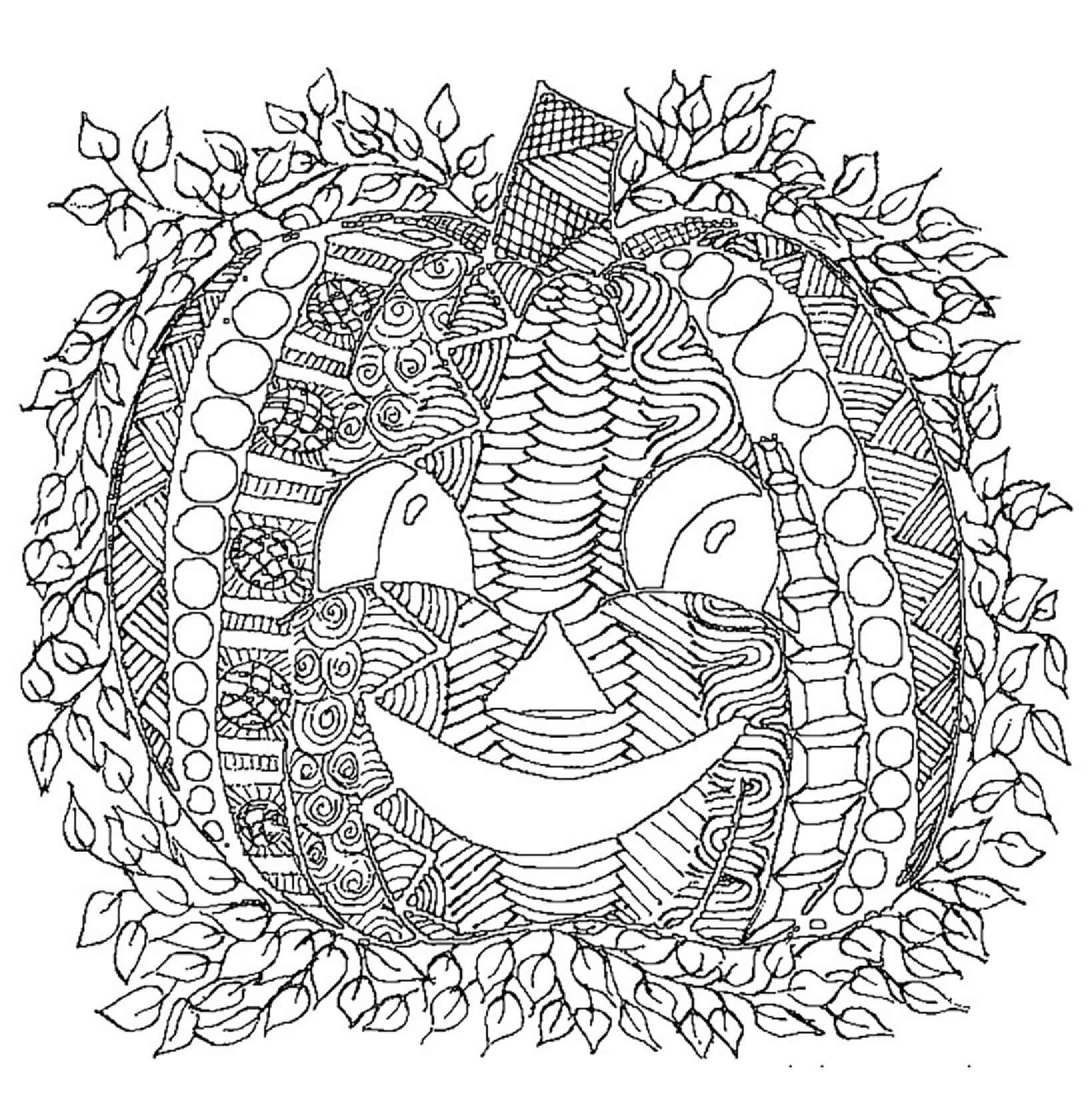 Pumpkin with leaves in halloween mandala coloring page