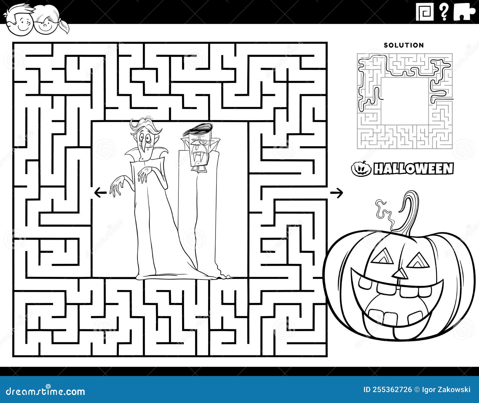 Maze with cartoon vampires on halloween coloring page stock vector