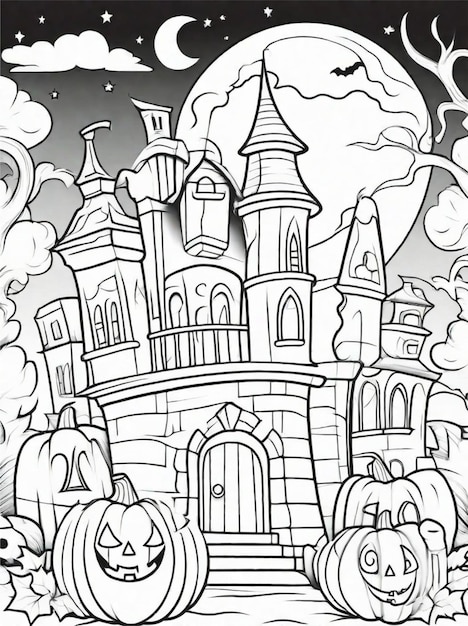 Premium ai image coloring page for kids halloween scary and handsome pumpkin castle and moon