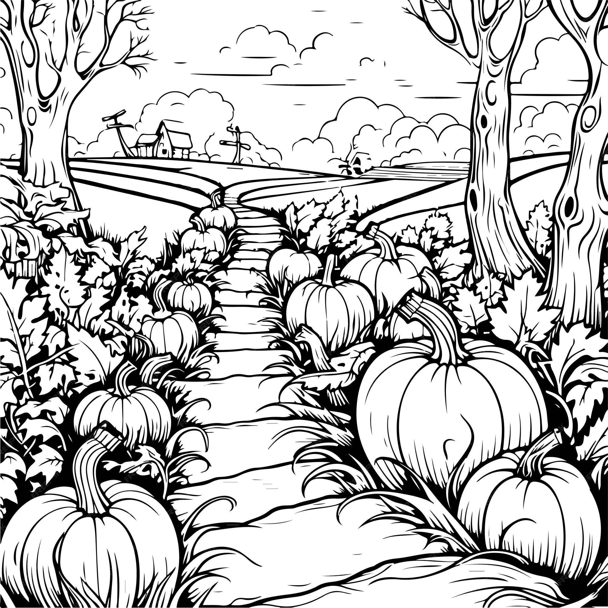 Premium vector pumpkin patch coloring page