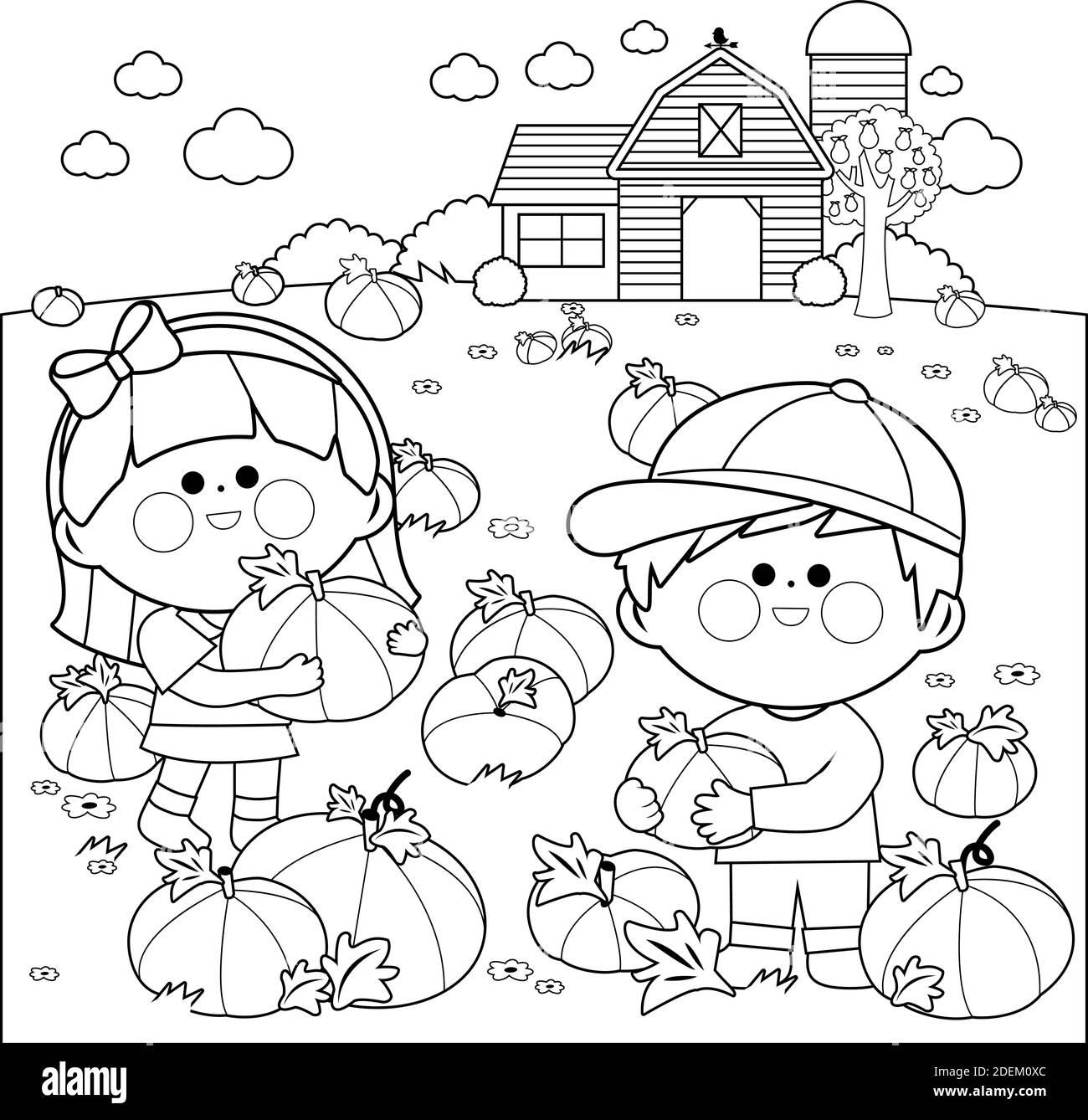 Children at the farm picking pumpkins at the pumpkin patch vector black and white coloring page stock vector image art