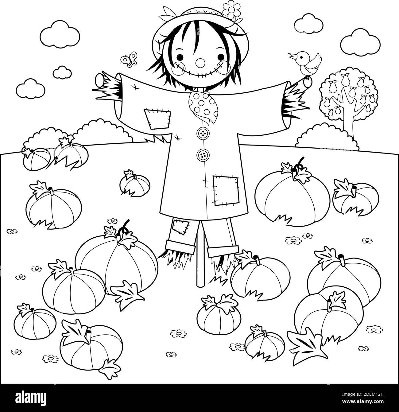 Rural landscape with pumpkin field and a scarecrow vector black and white coloring page stock vector image art