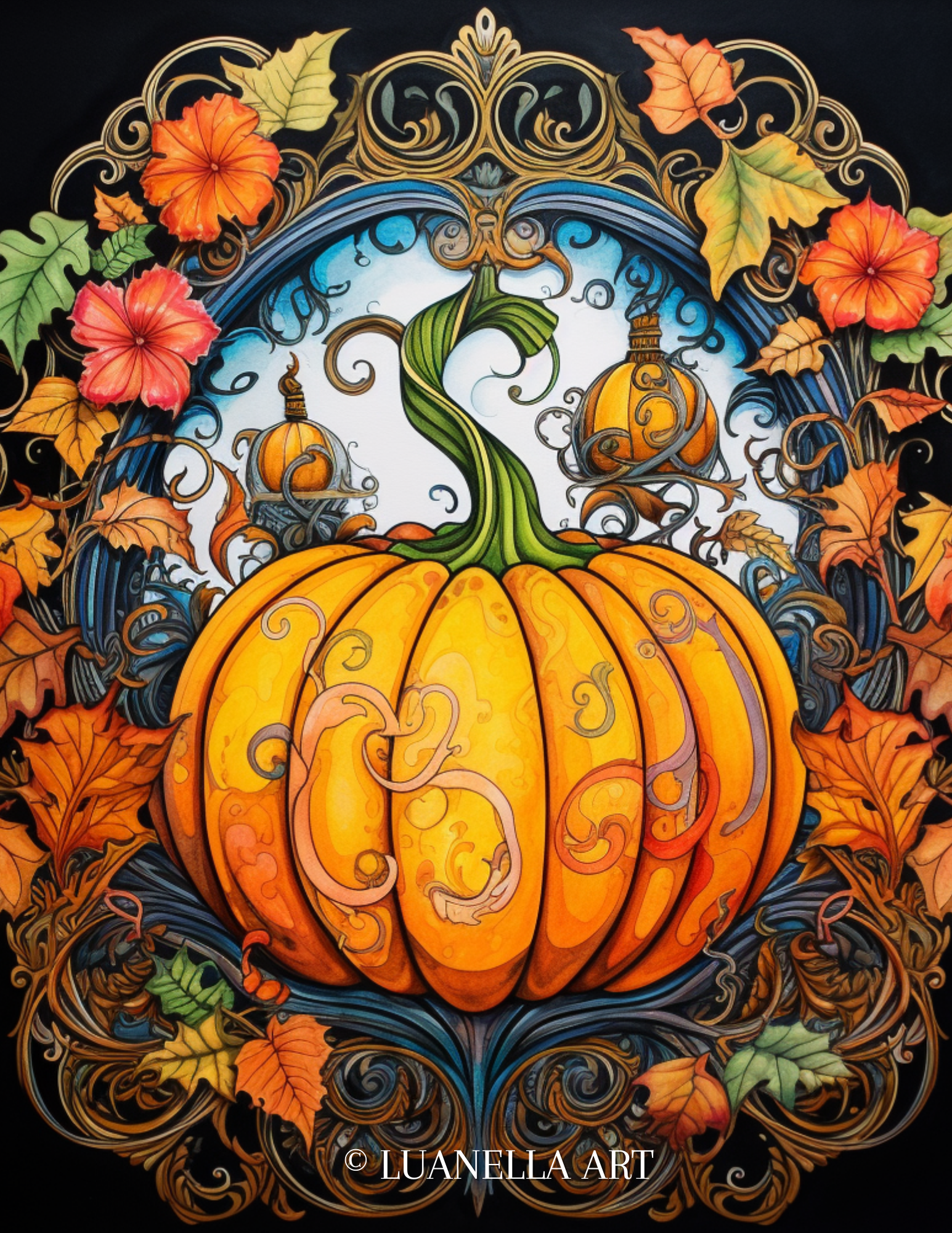 Single pumpkin in pumpkin patch color page â luanella art