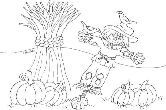 Pumpkin patch scarecrow coloring page â wee folk art