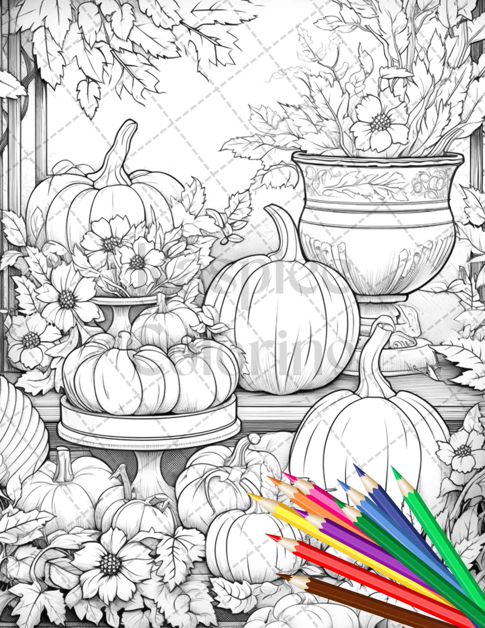 Pumpkin garden scenery grayscale coloring pages printable for adults â coloring