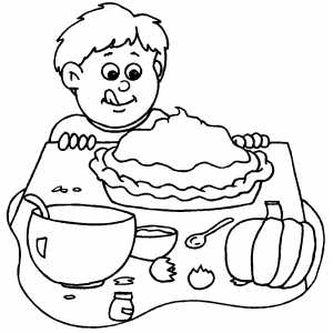 Boy and pumpkin pie coloring page