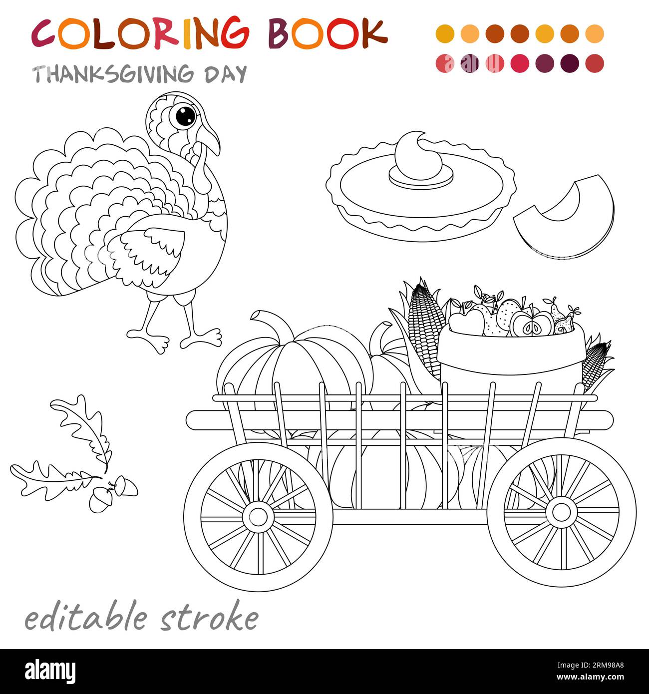 Thanksgiving day turkey pumpkin pie and harvest cart coloring template for children and adults for relaxation and rest stock vector image art