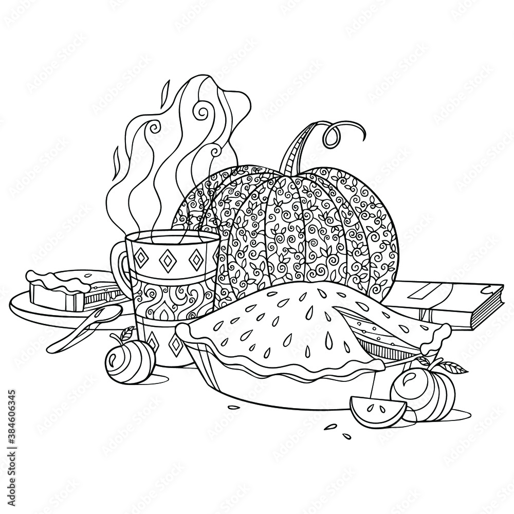 Still life pumpkin and pie coloring page vector line art of thanksgiving day isolated illustration for coloring book for adult vector