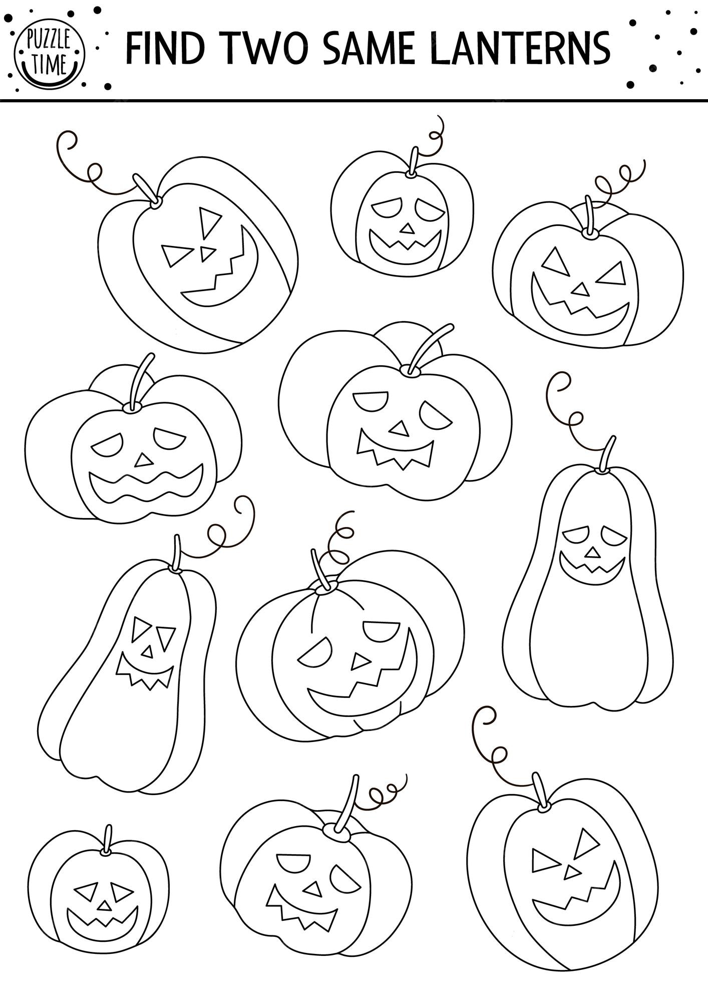 Premium vector find two same jackolanterns black and white halloween matching activity funny outline autumn quiz worksheet or coloring page for kids simple printable game with pumpkin lanternsxa