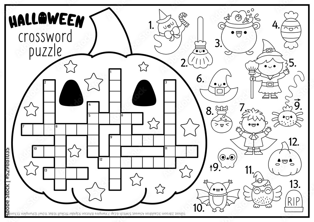 Vector black and white halloween pumpkin shaped crossword puzzle for kids autumn holiday quiz for children educational activity with kawaii symbols english language cross word coloring page vector