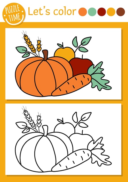 Premium vector garden coloring page for children with vegetables and fruit vector autumn outline illustration with harvest color book for kids with colored example drawing skills printable worksheetxa