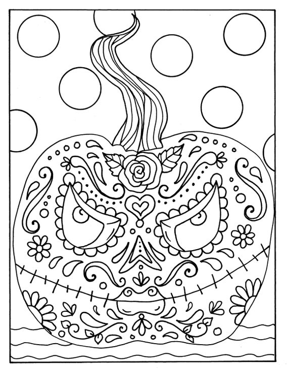 Day of the dead halloween pumpkin digital coloring page adult coloring color pages instant download printables fun coloring pages