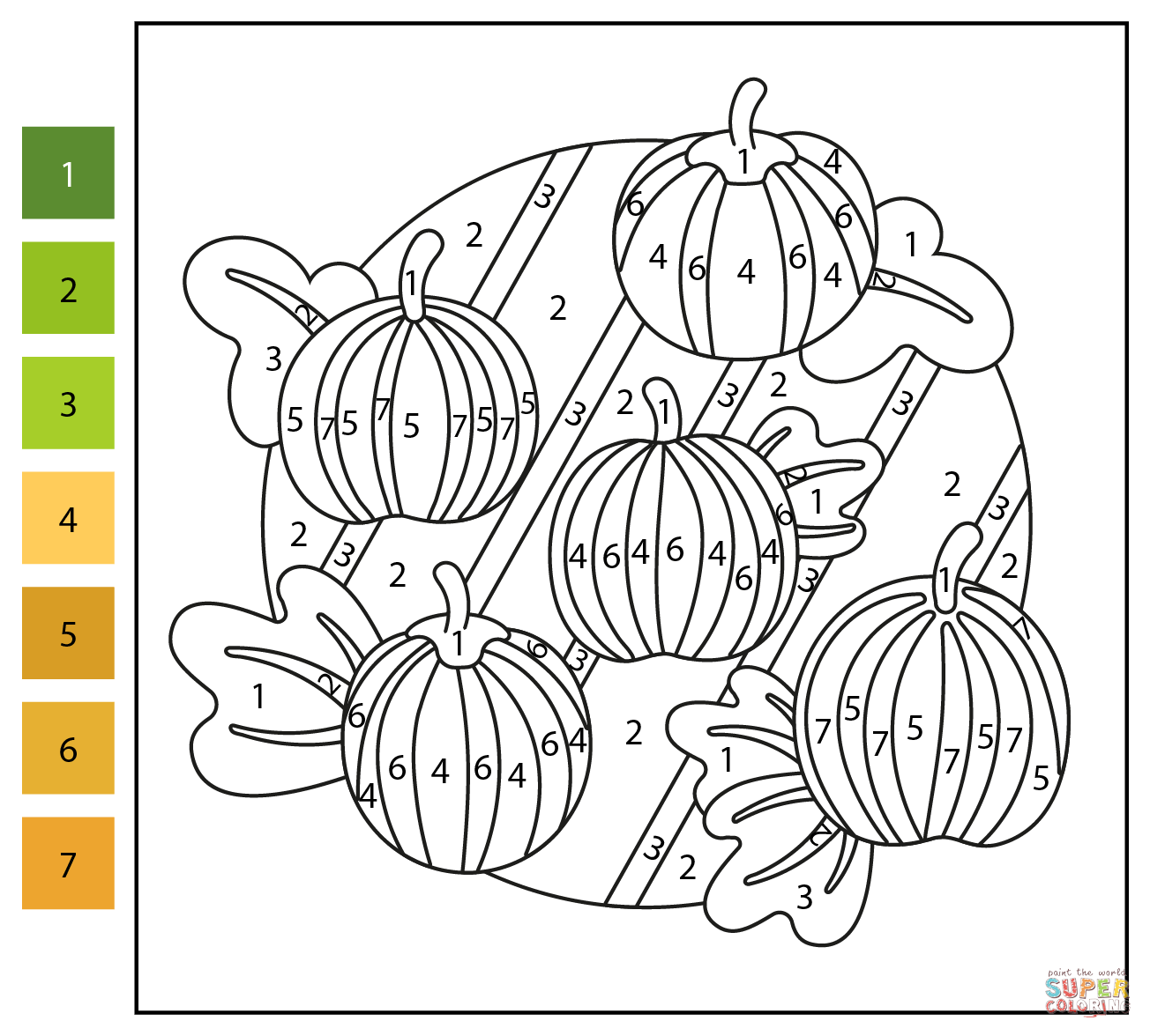 Pumpkin patch color by number free printable coloring pages