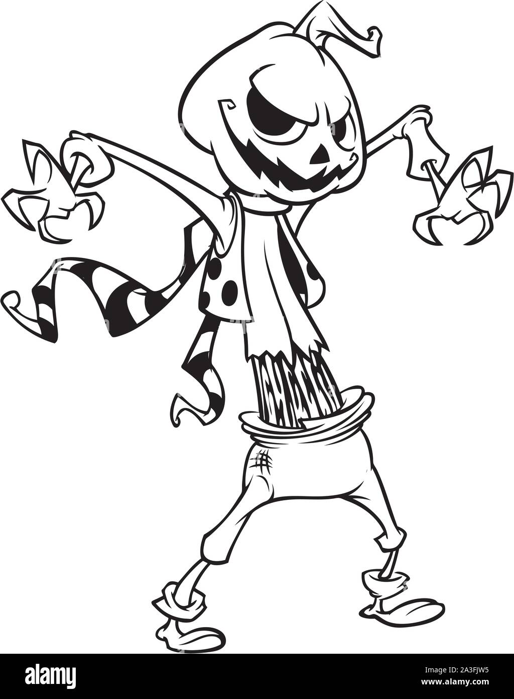 Coloring book scarecrow cartoon character vector halloween scarecrow with pumpkin head outline stock vector image art